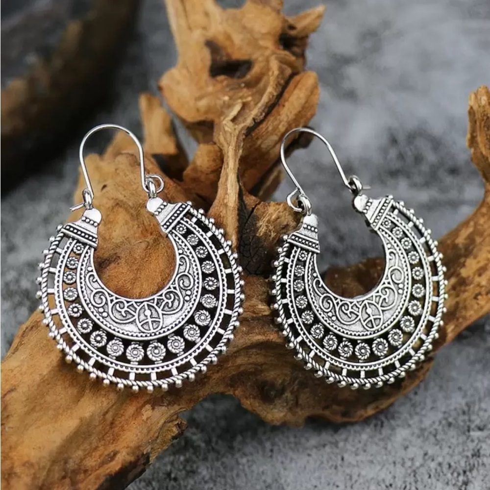 Boho Round Silver Hoop Earrings